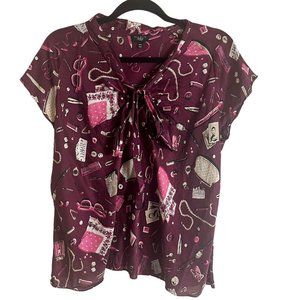 Talbots 100% Silk Top Blouse V-neck Tie Cap Sleeve  Magenta Multi Plus Size 14W